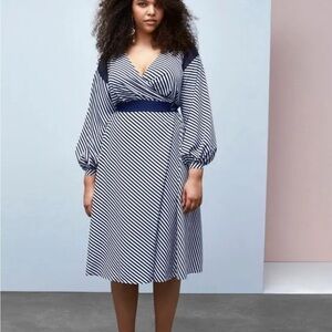 Prabal Gurung Lane Bryant Navy Blue White Striped Dress Sz 18 Faux Wrap